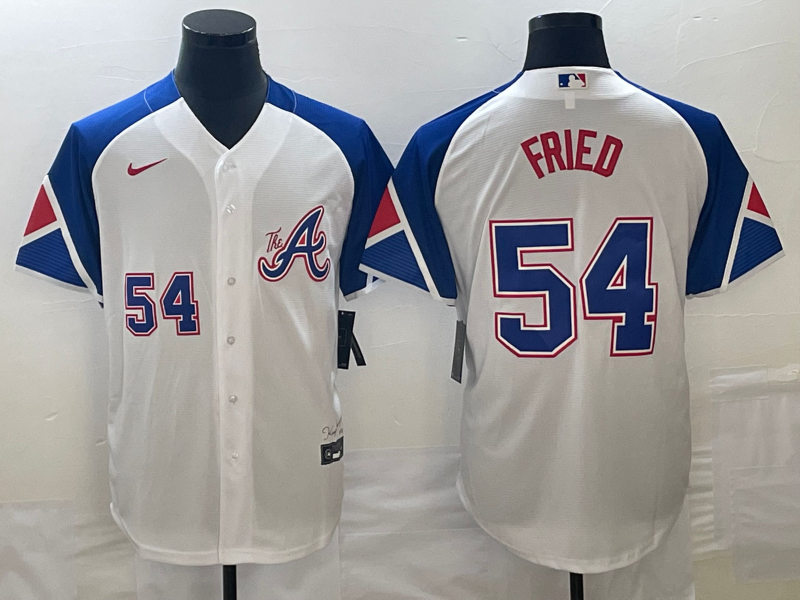 Men's Atlanta Braves #54 Max Fried White 2023 City Connect Cool Base With Patch Stitched Baseball Jersey Men's Atlanta Braves #54 Max Fried White 2023 City Connect Cool Base With Patch Stitched Baseball Jersey